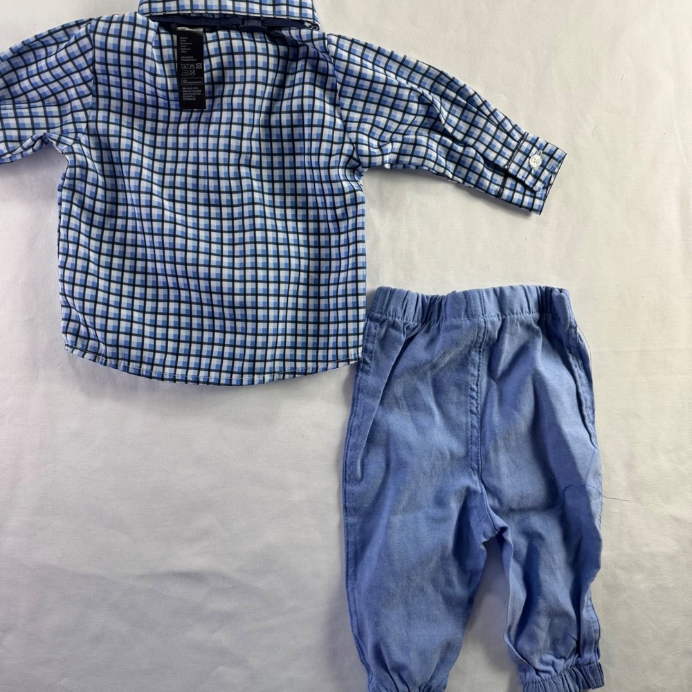 Happy Fella Outfit Set Boys 6-9M Blue Checkered Shirt Pants Bow Tie 3pc Set